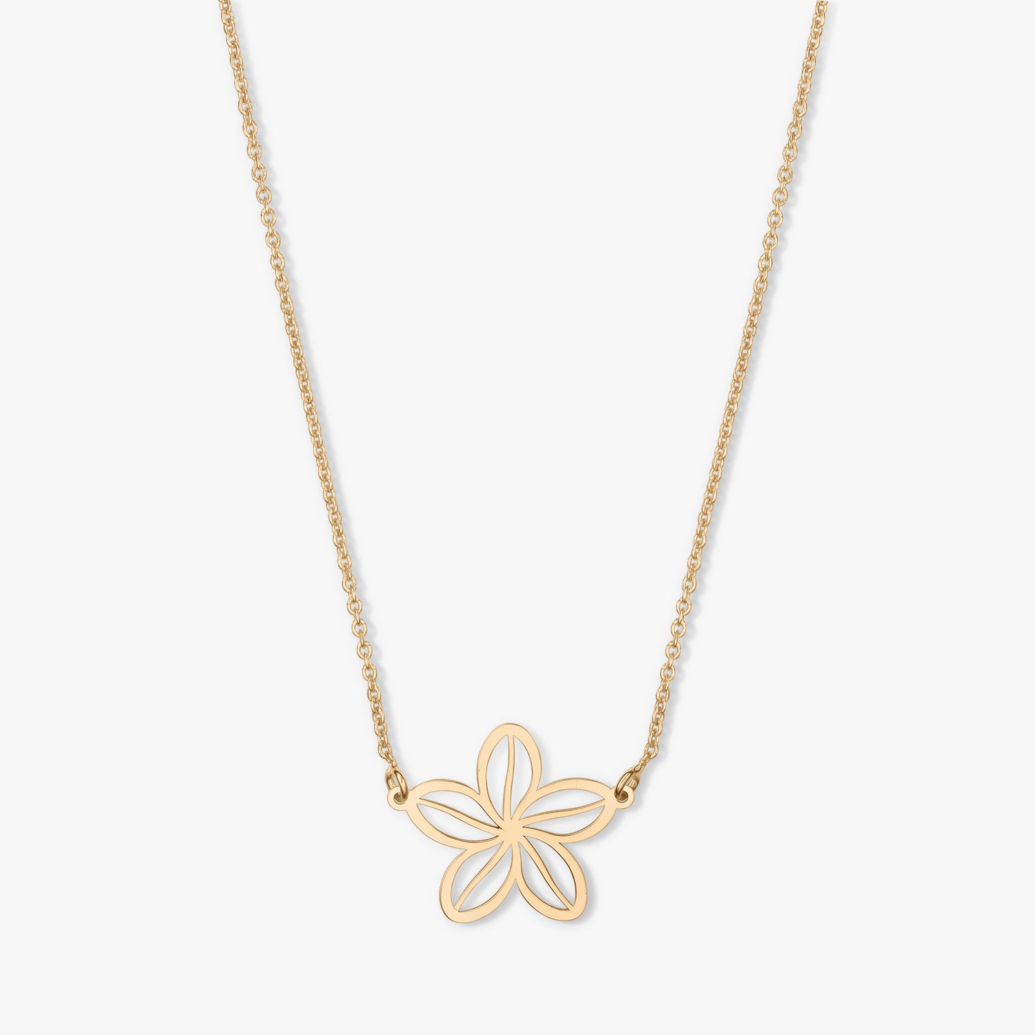 Gold necklace with a flower-shaped pendant on a white background.