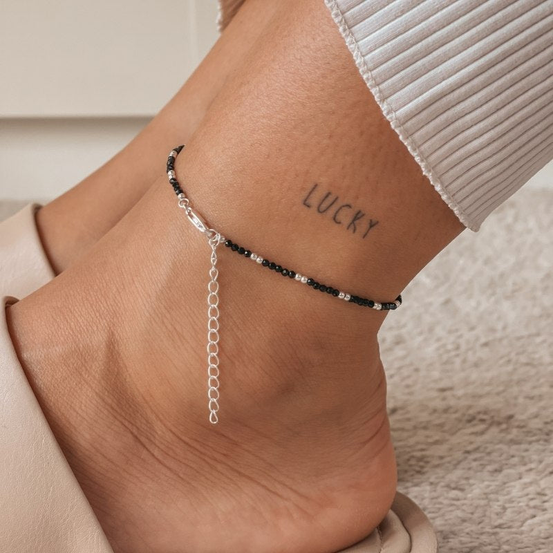 Summerscape Silver Ankle Bracelet - Black Spinel - Indira