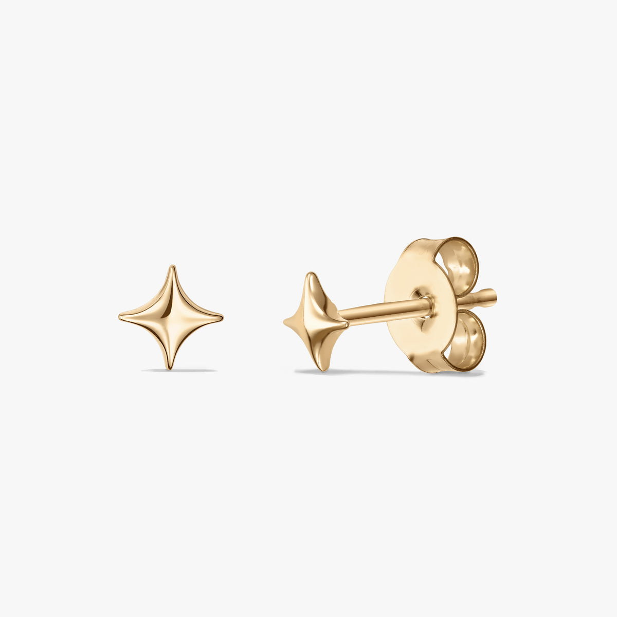 Gold-plated sterling silver star stud earrings shown front and side on a white background.