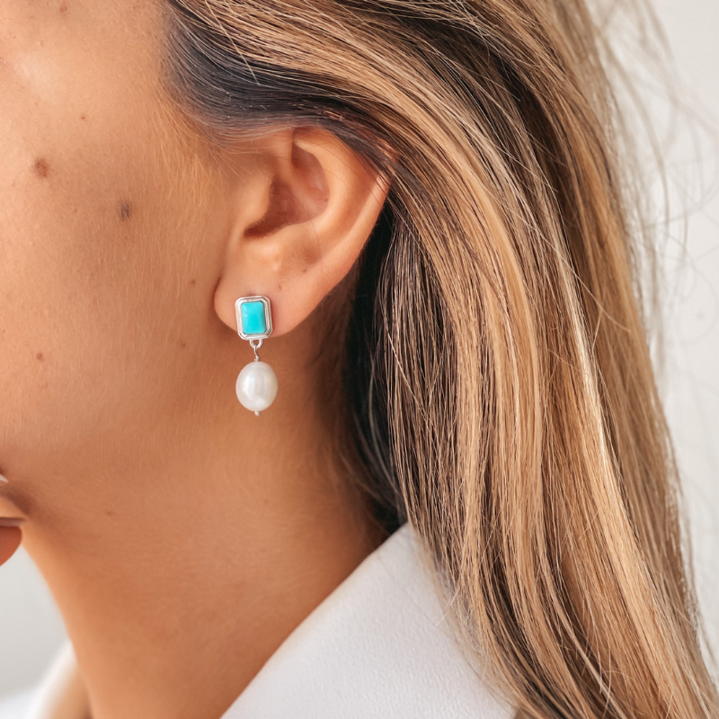 Antique Silver Earrings - Turquoise, Natural Pearls
