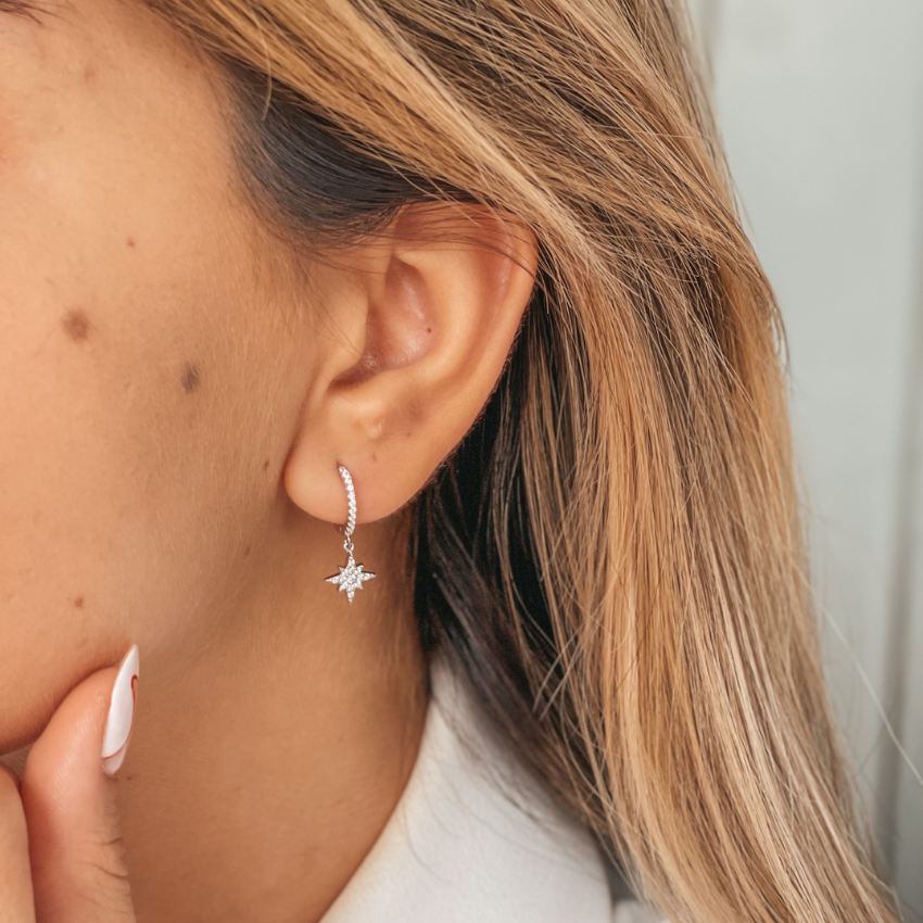 Silver North Star Earrings - Zirconia - Indira