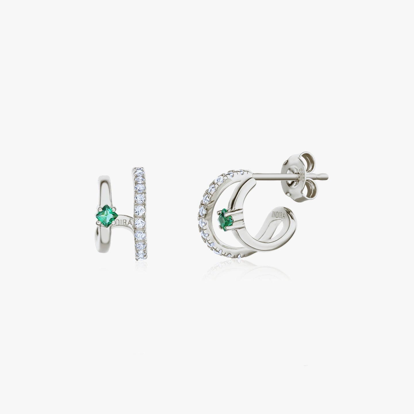 Double Silver Earrings - Zirconia & Green Alpanite - Indira