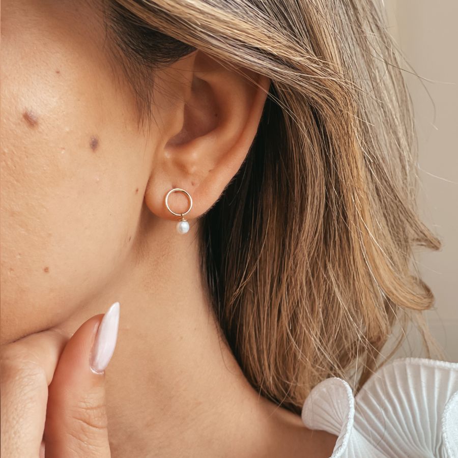 Gold Mini Stud Earrings - Natural Pearls - Indira
