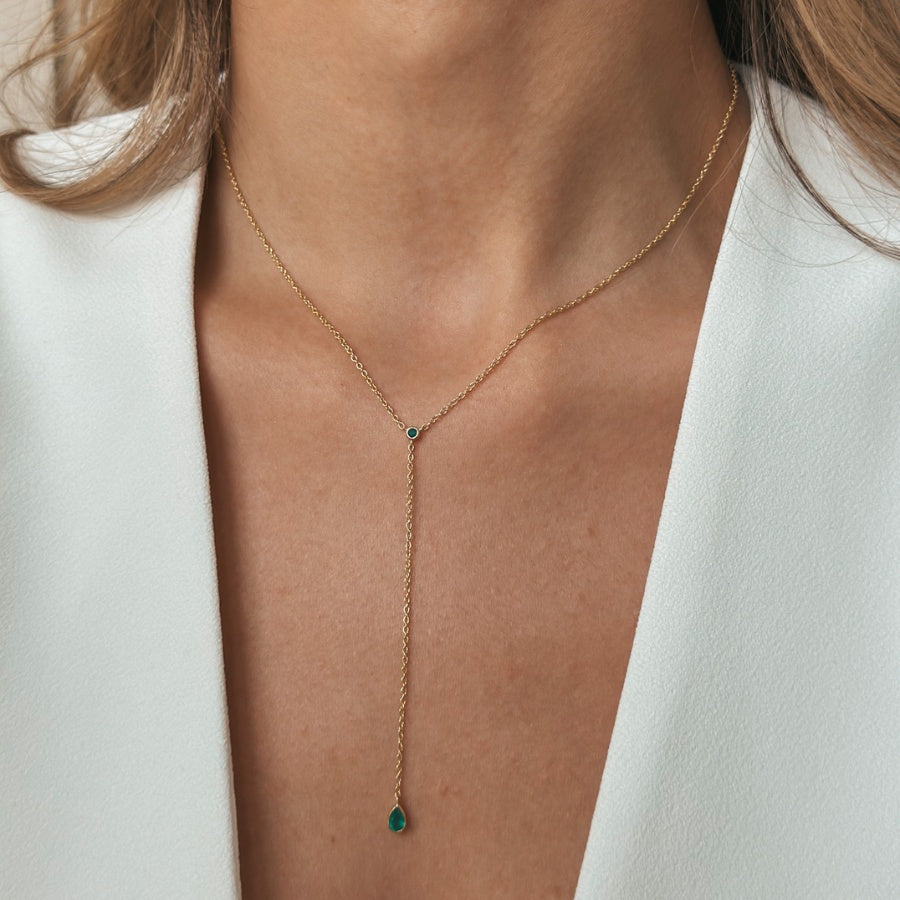 Silver Necklace Golden Lariat - Green Onyx - Indira