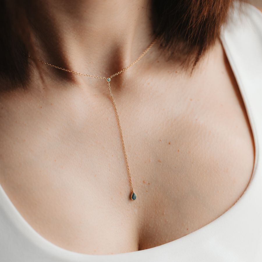 Golden Lariat Silver Necklace - Green Onyx - Indira