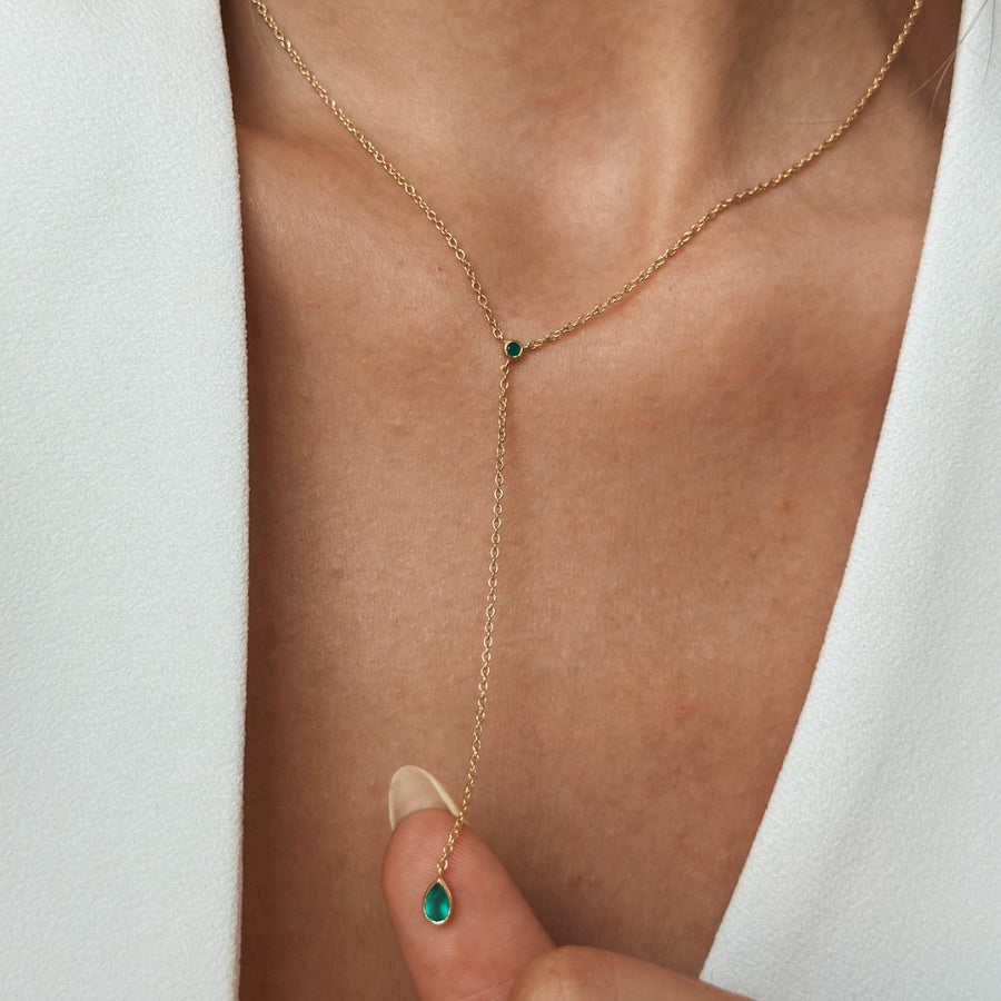 Golden Lariat Silver Necklace - Green Onyx - Indira