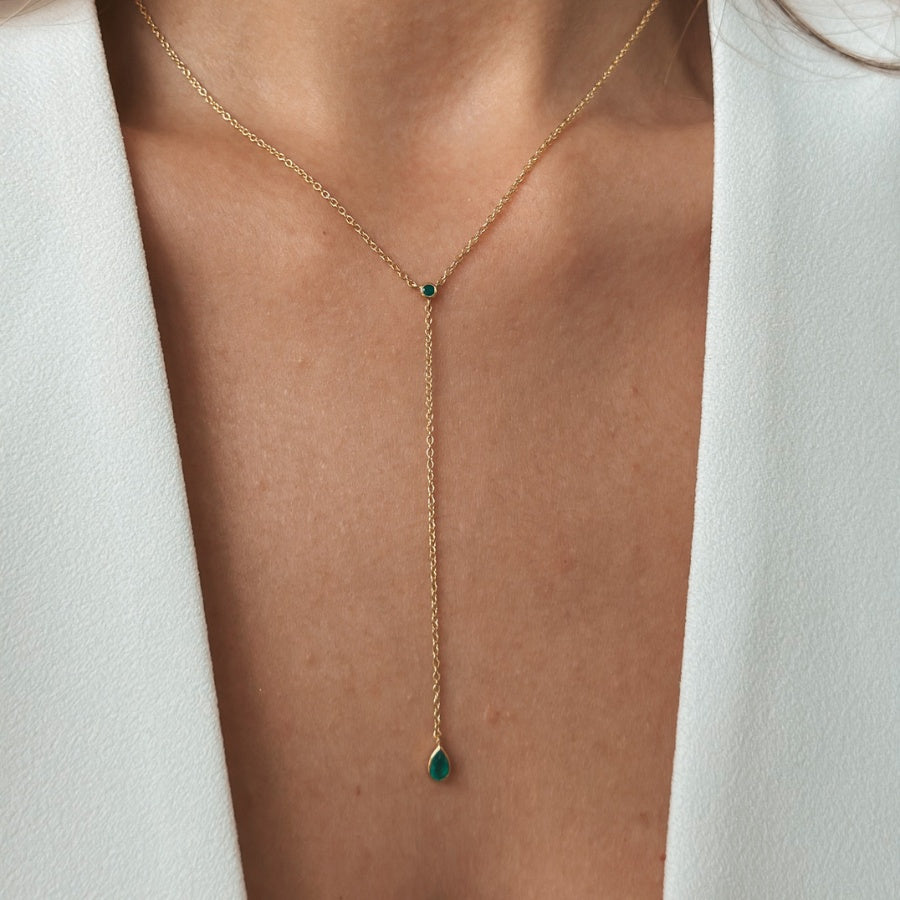 Golden Lariat Silver Necklace - Green Onyx - Indira