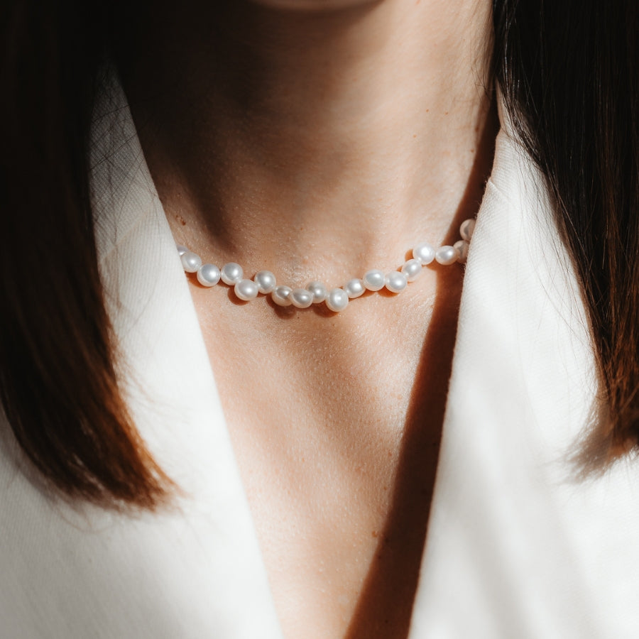 Golden Harmony Silver Necklace - Natural Pearls - Indira