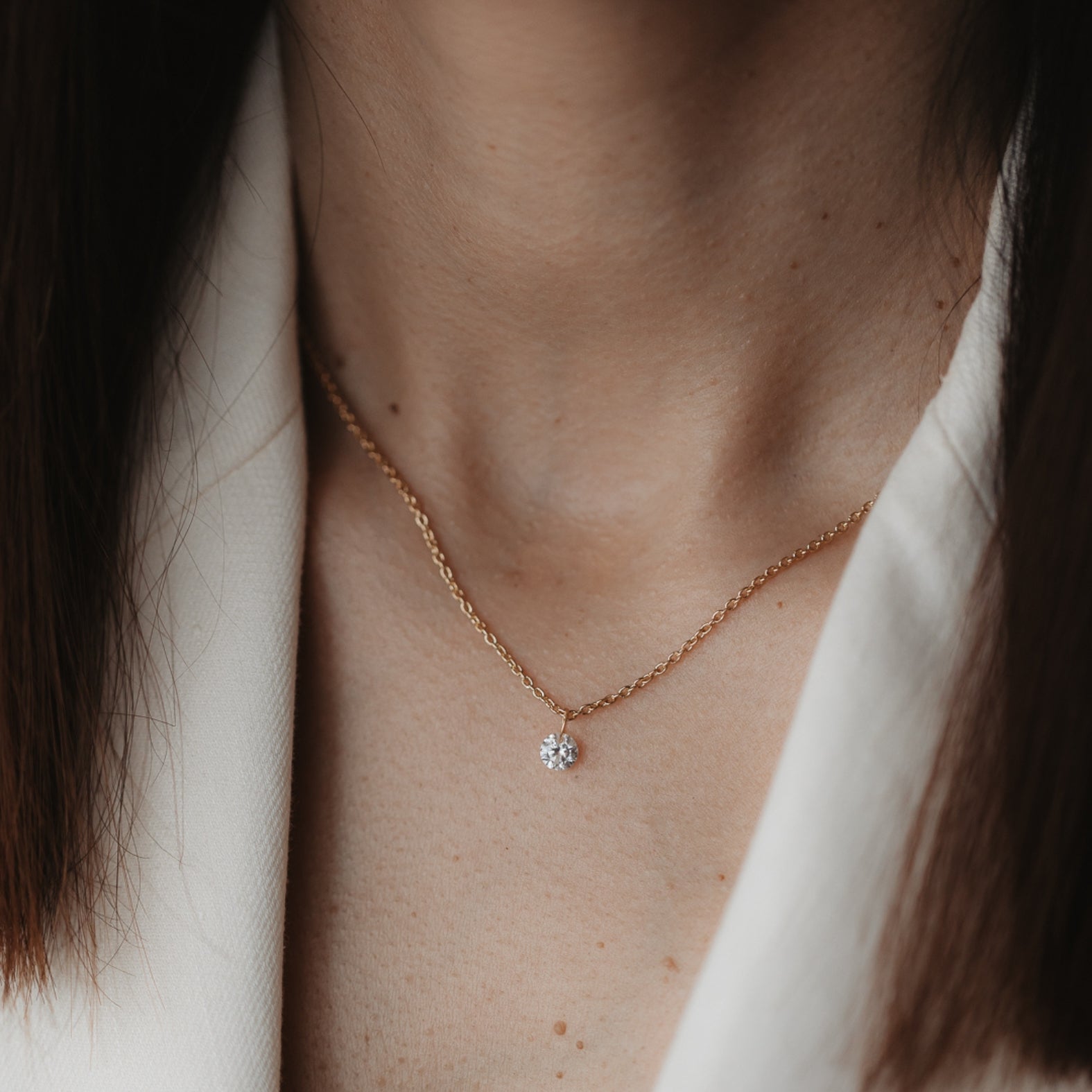 Golden Solitaire Silver Necklace - Zirconia - Indira