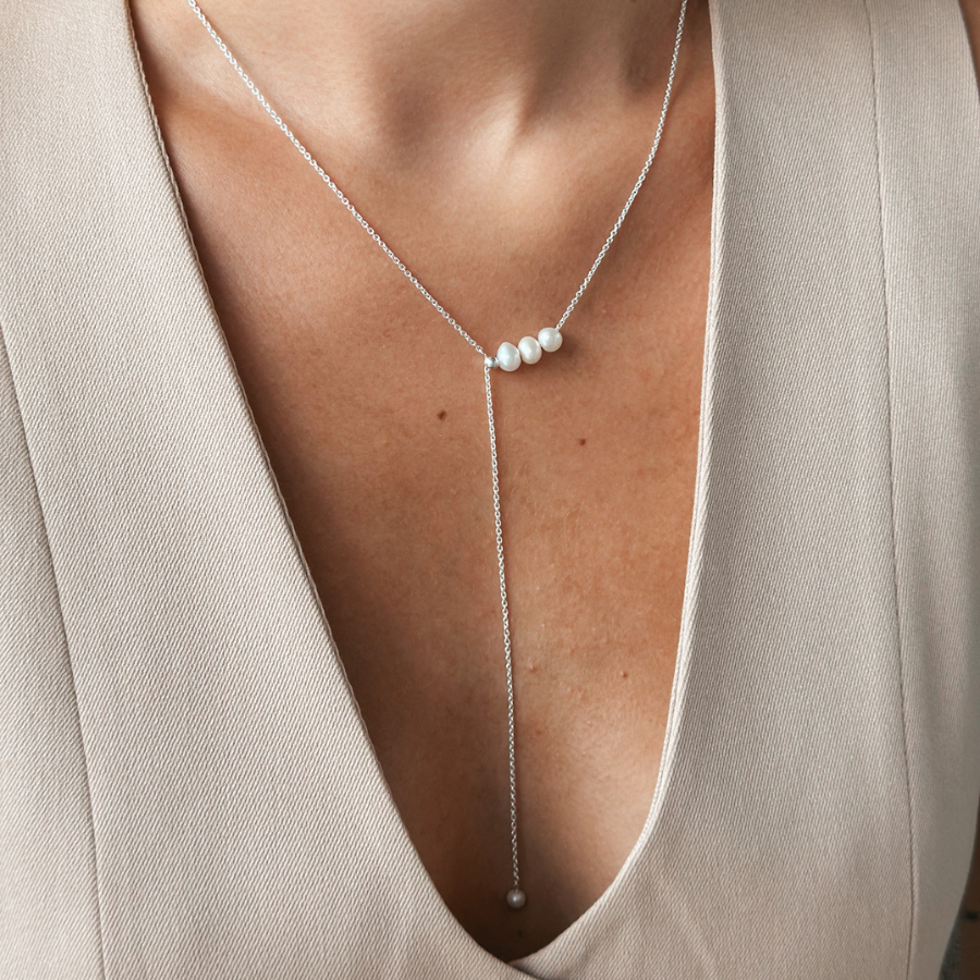 Adjustable Silver Lariat Necklace - Cultured Pearls - Indira