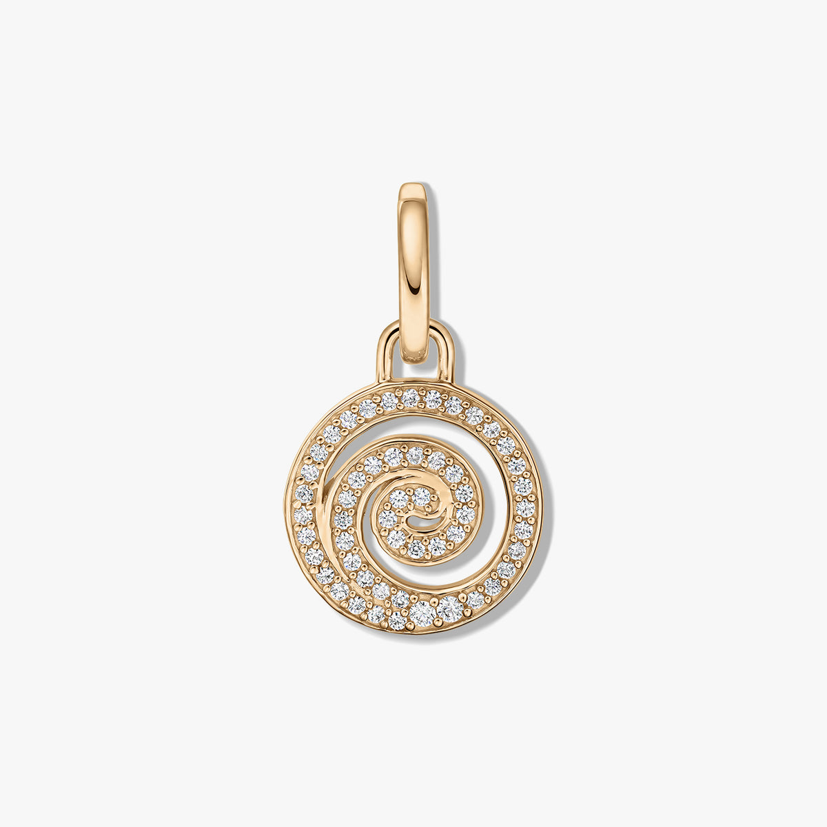 Golden Spiral silver pendant with zirconia pavé, photographed centered on a white background.