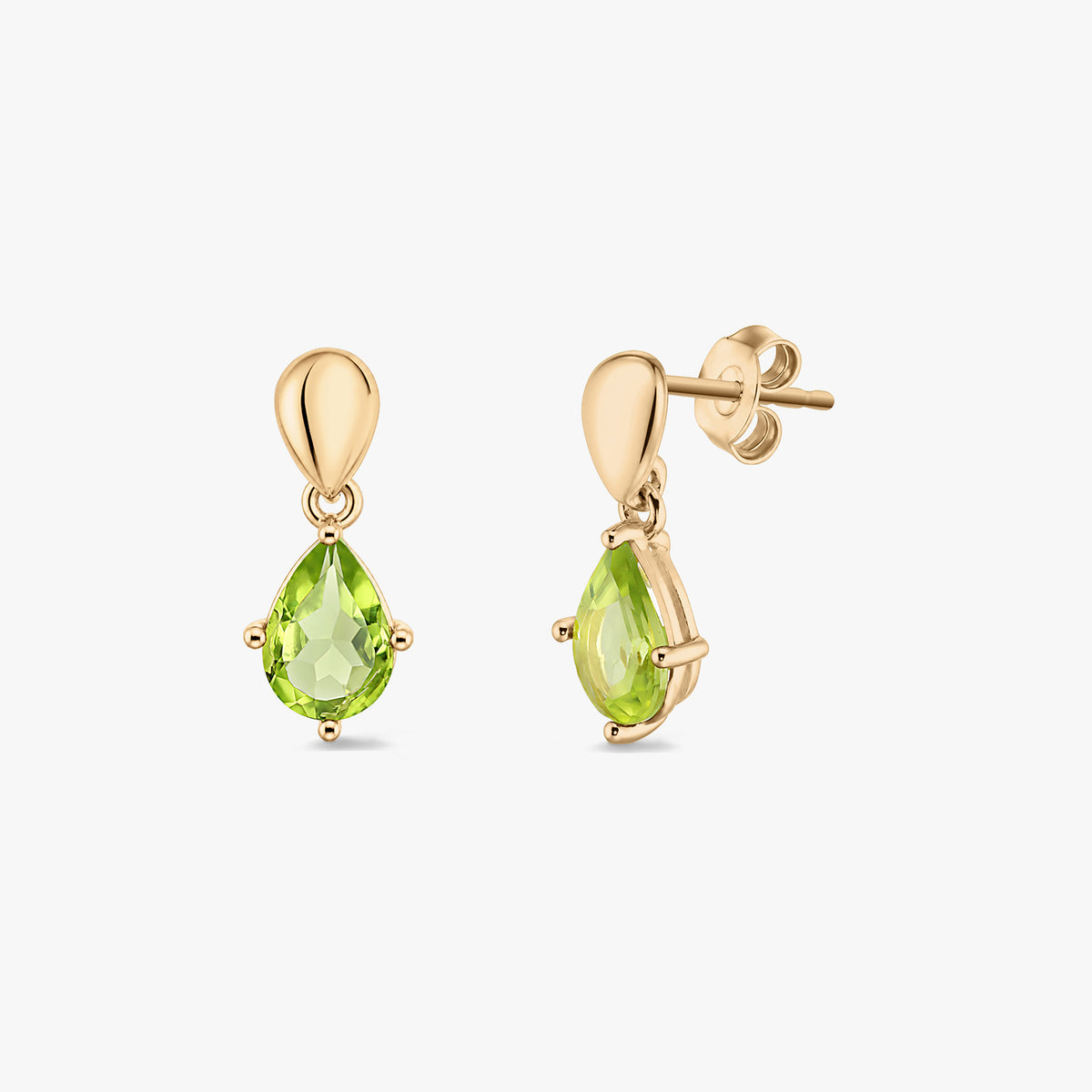 Pair of gold-plated sterling silver stud drop earrings with pear-cut peridot gemstones on a white background.