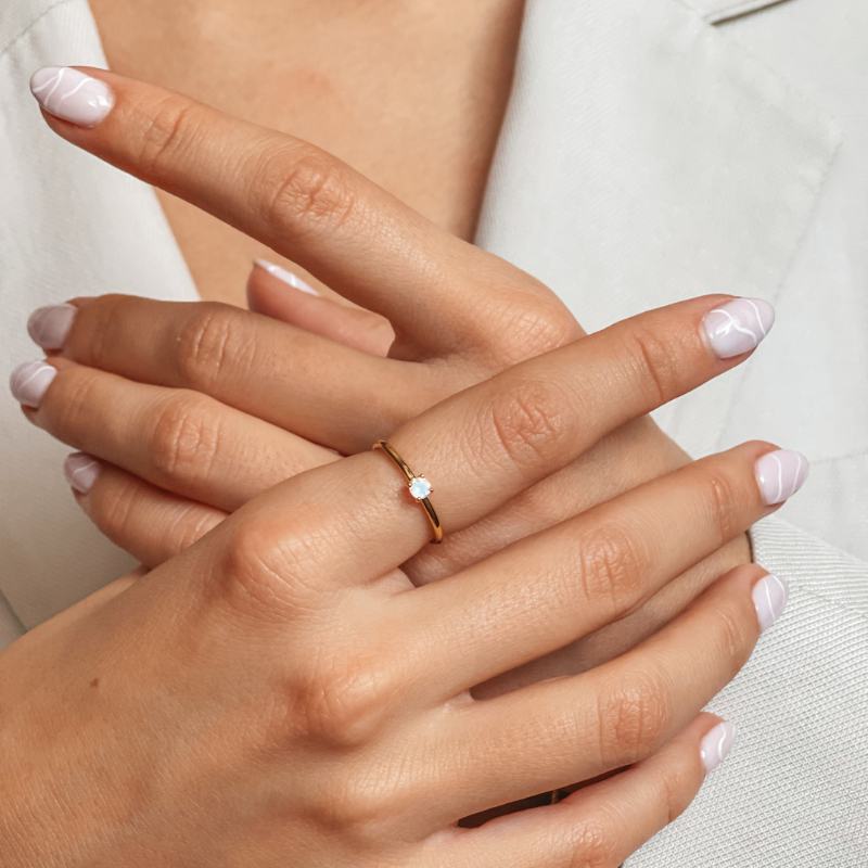 Birthstone Golden June Silver Ring - Moonstone - Indira