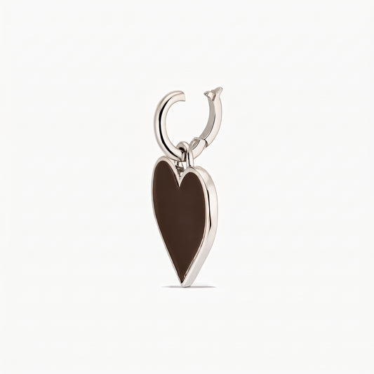 Sterling silver rhodium-plated heart pendant with a glossy brown center and hoop bail, isolated on a white background.