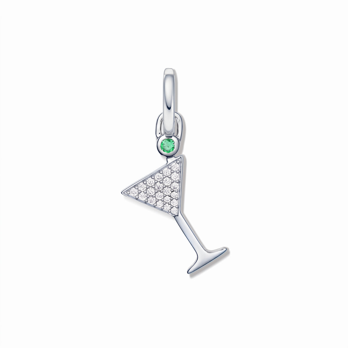Silver martini glass pendant with pavé white zirconia and a small green stone accent, isolated on a white background.