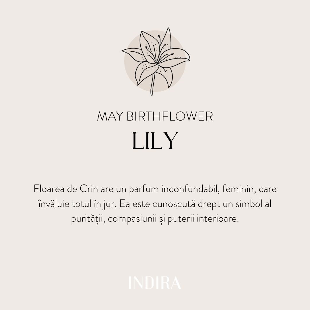 Square beige graphic featuring a line-drawn lily above the headline “May Birthflower — Lily,” with Romanian text about the flower’s symbolism; Indira logo at the bottom.