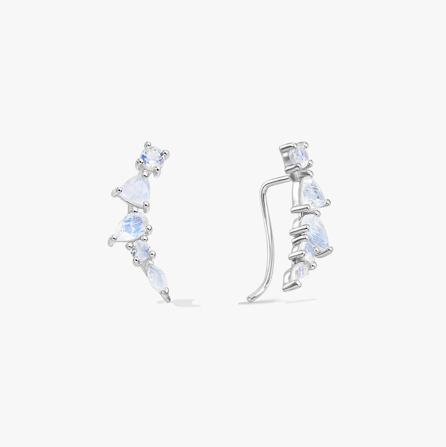Elegant pair of sterling silver moonstone ear climber earrings, shown in front and side views on a white background.