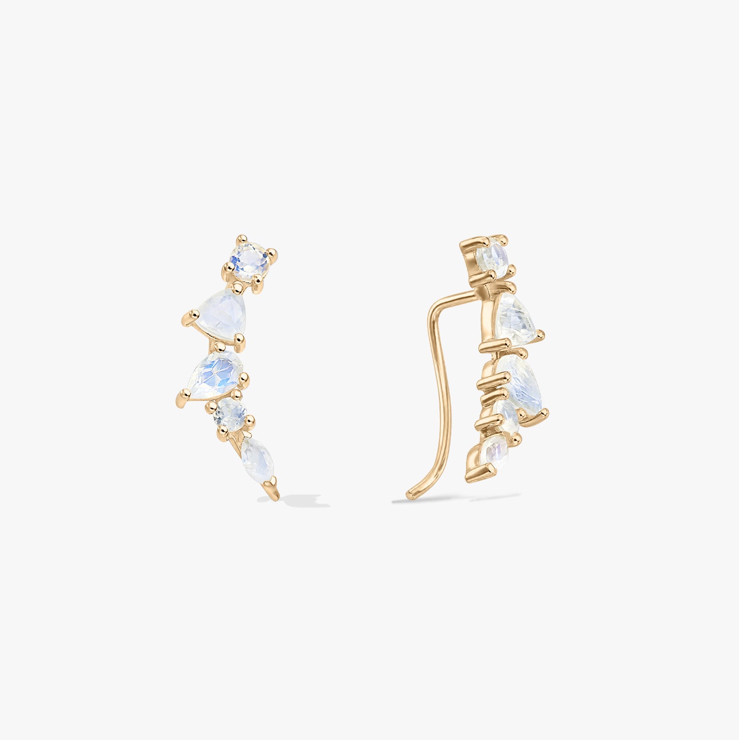 Elegant pair of gold‑tone 925 silver moonstone ear climber cuff earrings on a white background, shown in front and side views with mixed‑cut stones.