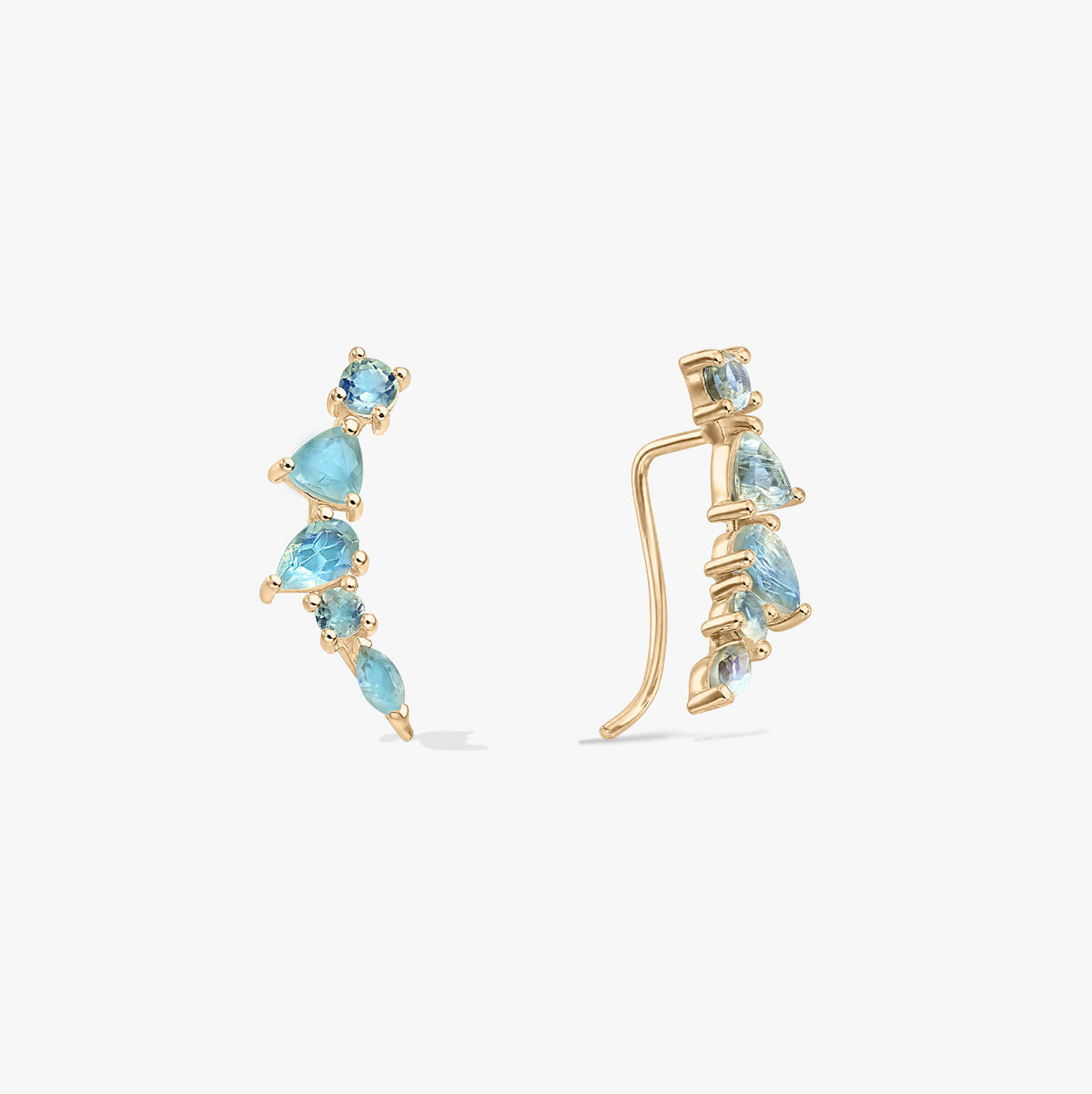 Pair of gold-plated sterling silver ear climber earrings set with blue labradorite stones, shown front and side on a white background.