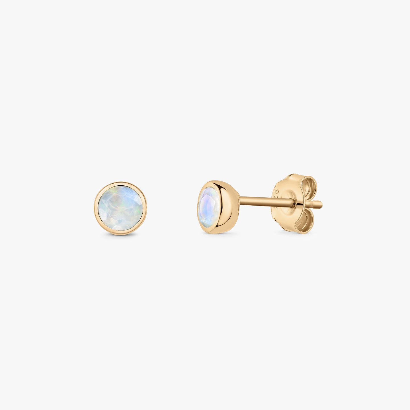 Elegant round moonstone stud earrings in gold-plated sterling silver, shown front and side with butterfly backs on a white background.