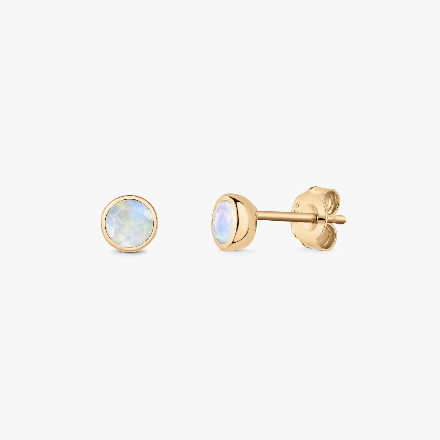 Elegant round moonstone stud earrings in gold-plated sterling silver, shown front and side with butterfly backs on a white background.