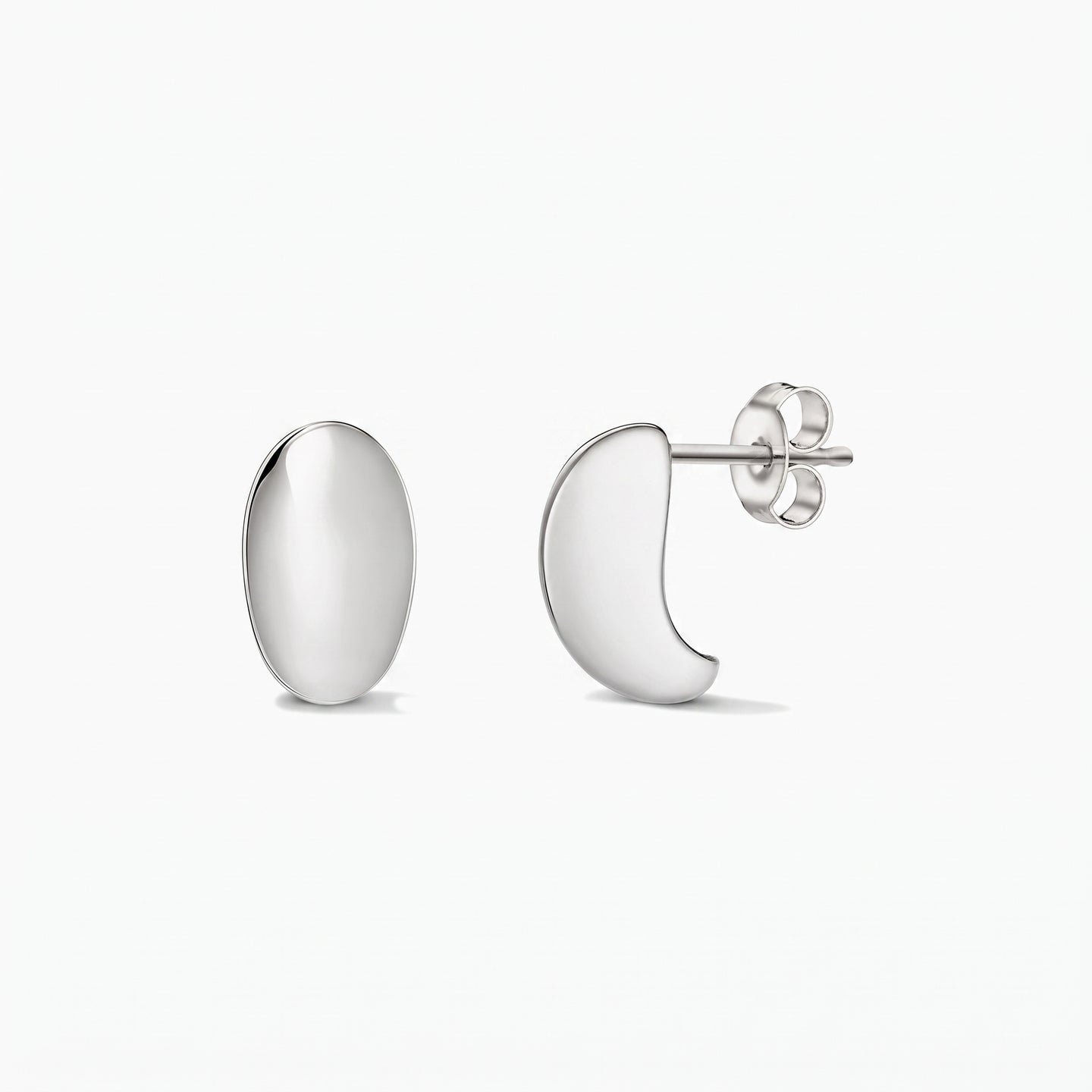 Polished silver Half Dome stud earrings with butterfly backs, shown in front and side views on a white background.