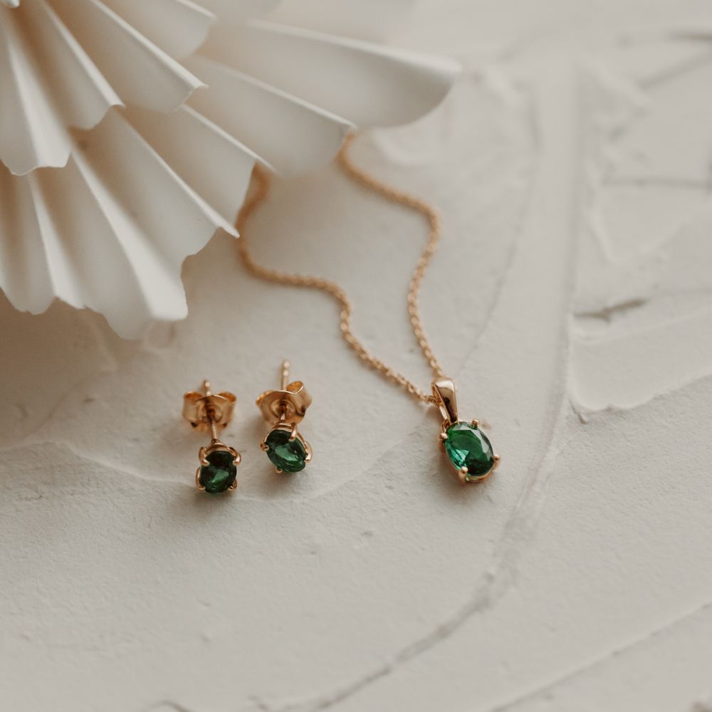 Golden Reina Silver Earrings - Green Zirconia