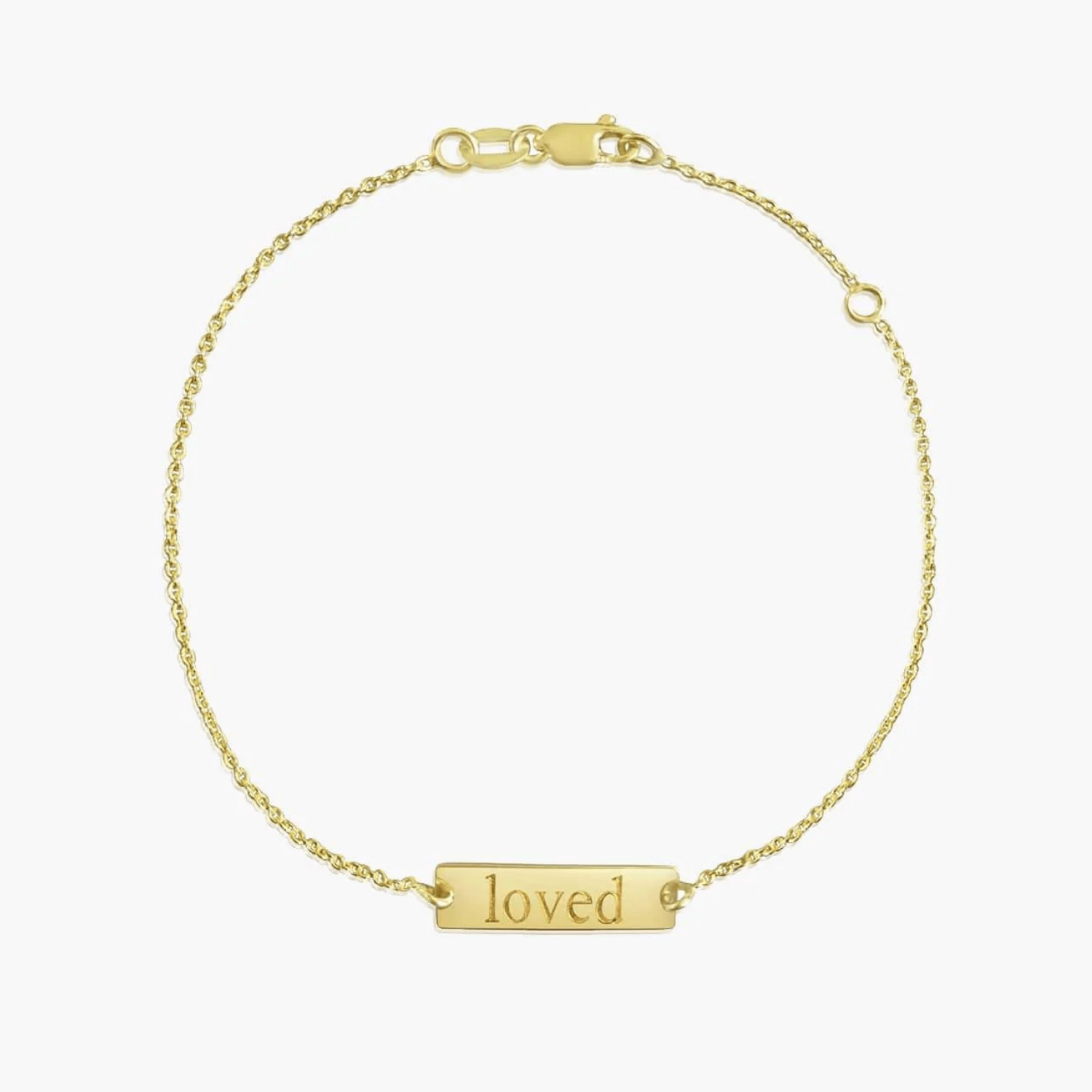 14K gold bracelet with 'loved' inscription on a solid white background.