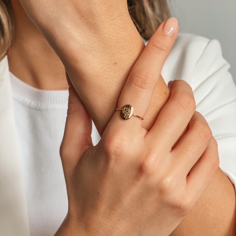 Silver Ring Birth Flower Golden - July Lotus - Indira