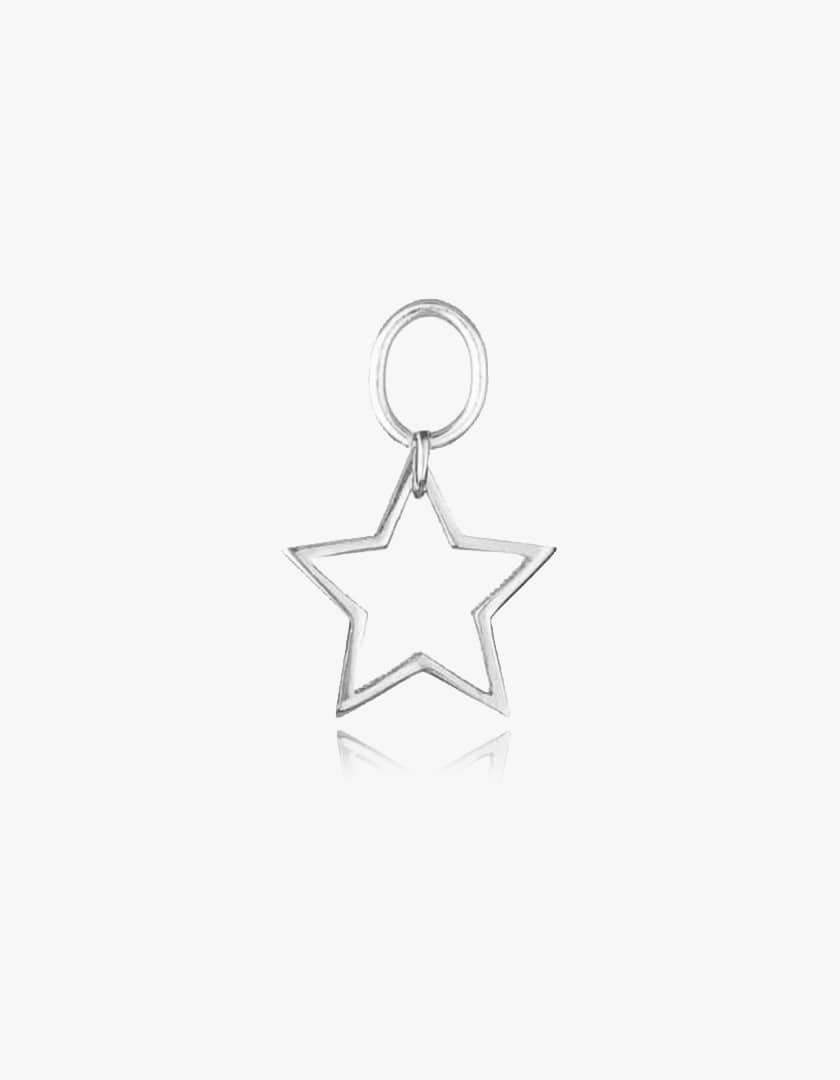 Silver star-shaped pendant on a solid white background.