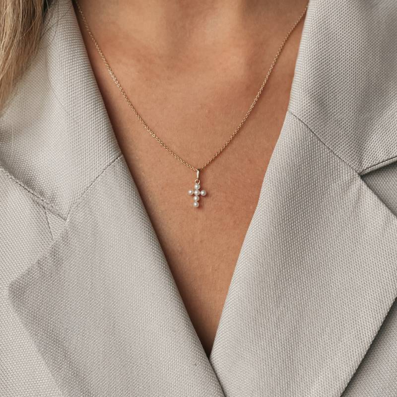 Gold Pearl Cross Pendant - Natural Pearls - Indira