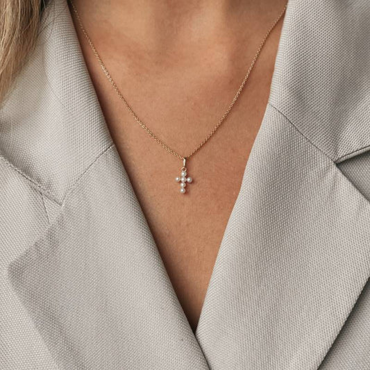 Gold Pearl Cross Pendant - Natural Pearls - Indira