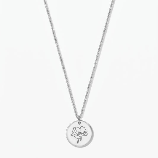 Sterling silver birthflower necklace with a round disc pendant engraved with a poppy flower, shown centered on a white background.