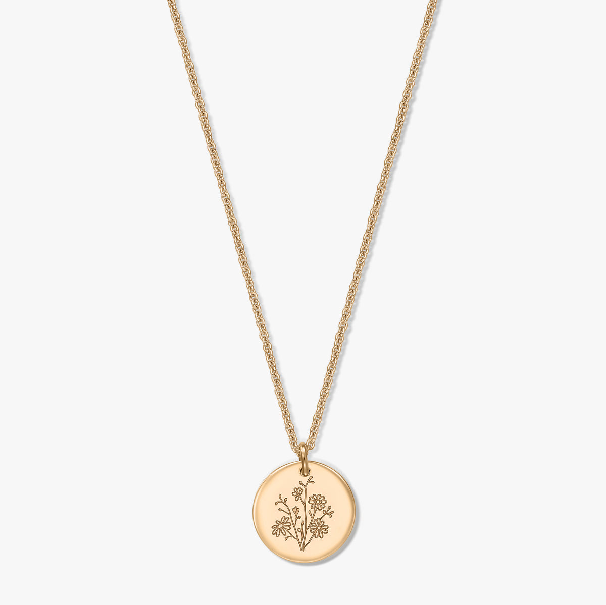 Gold-plated silver necklace featuring a delicate rope chain and a round coin pendant engraved with an aster birth flower, isolated on a white background.
