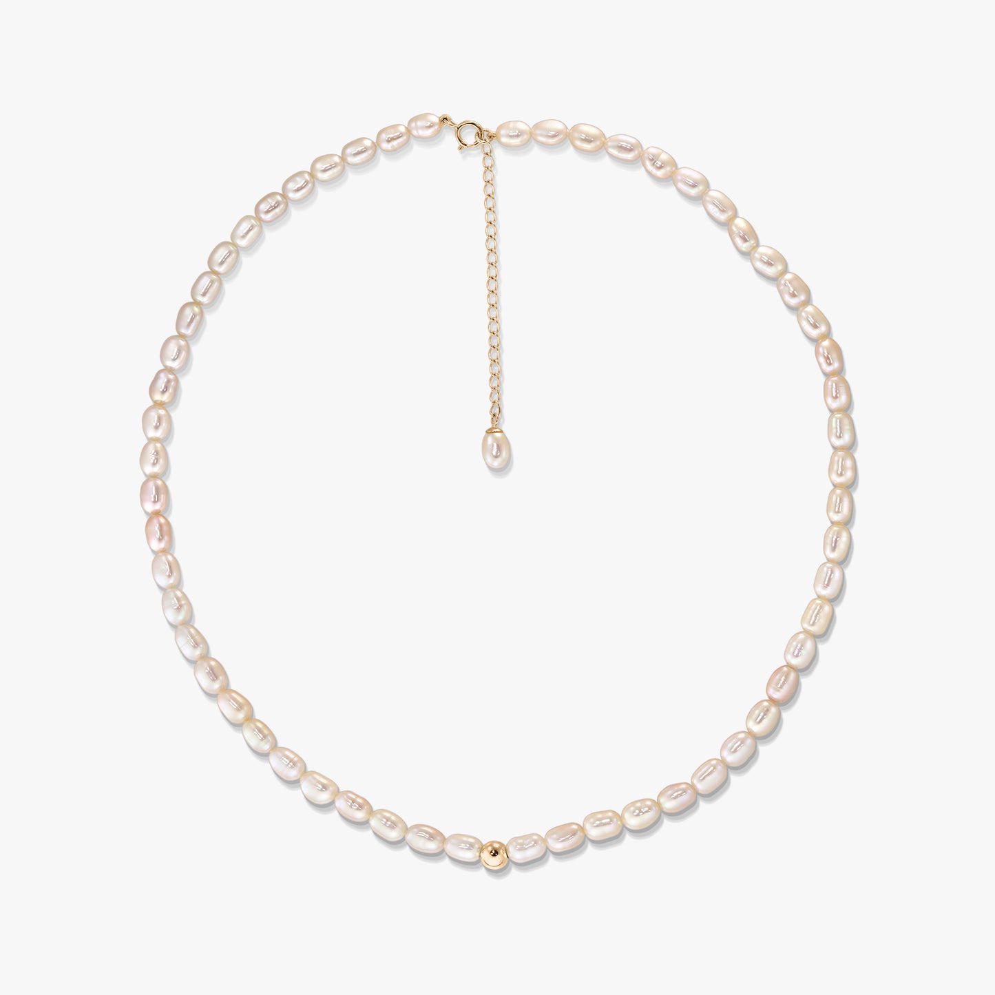 Blair gold necklace with natural oval pearls arranged in a circle on a white background, featuring a 14K gold clasp, extender chain, and a small gold accent bead.