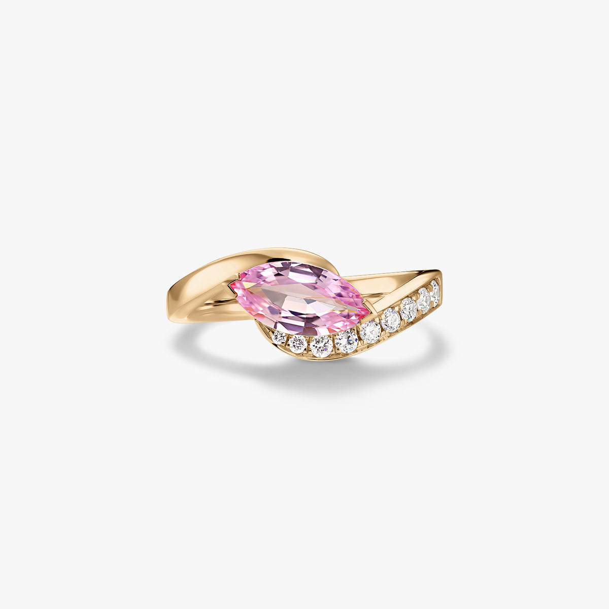 14K yellow gold wrap ring featuring a marquise-cut pink sapphire and pavé natural diamonds on a white background.