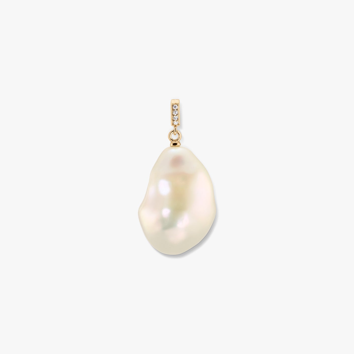 Gold-plated bail pendant with a natural baroque white pearl on a white background.