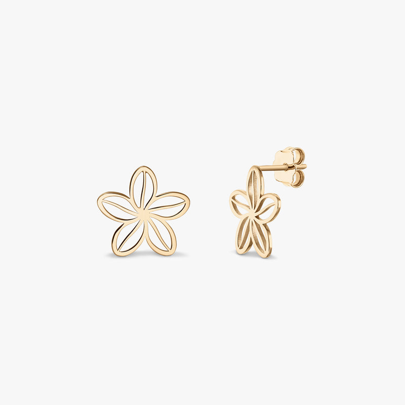 Pair of Wildflower Gold Earrings — 14K yellow gold openwork five-petal flower stud earrings shown front and side on a white background.