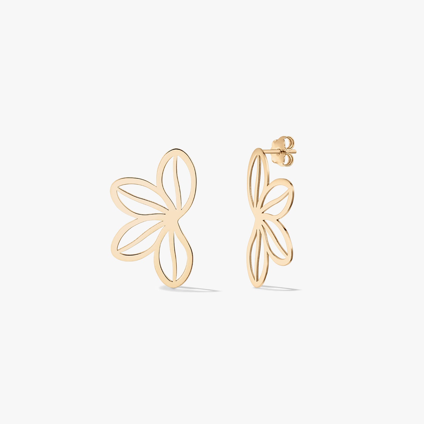 Pair of 14K yellow gold openwork wildflower stud earrings with butterfly backs, shown front and side on a white background.