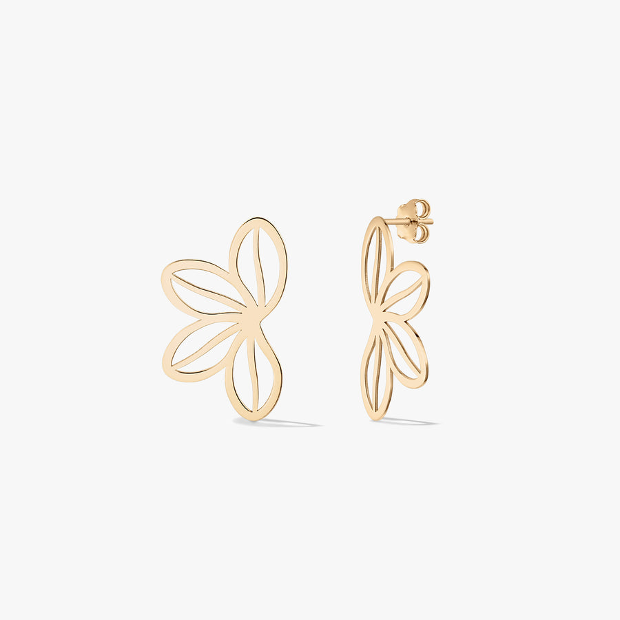 Pair of 14K yellow gold openwork wildflower stud earrings with butterfly backs, shown front and side on a white background.