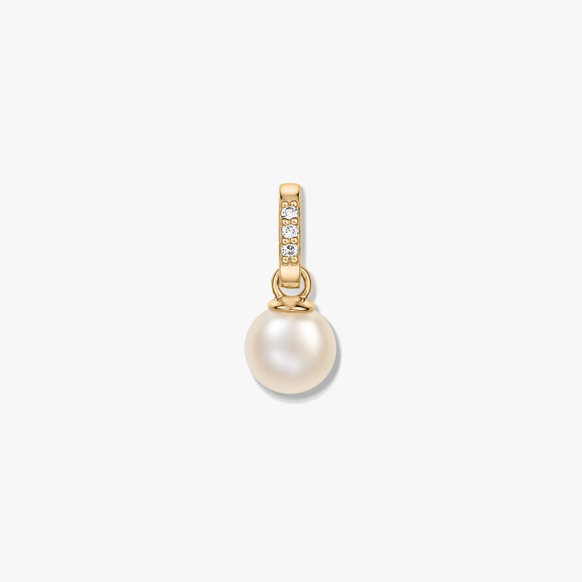 Aveline 14K yellow gold pendant featuring a round cultured pearl and a diamond-accented bail on a white background.