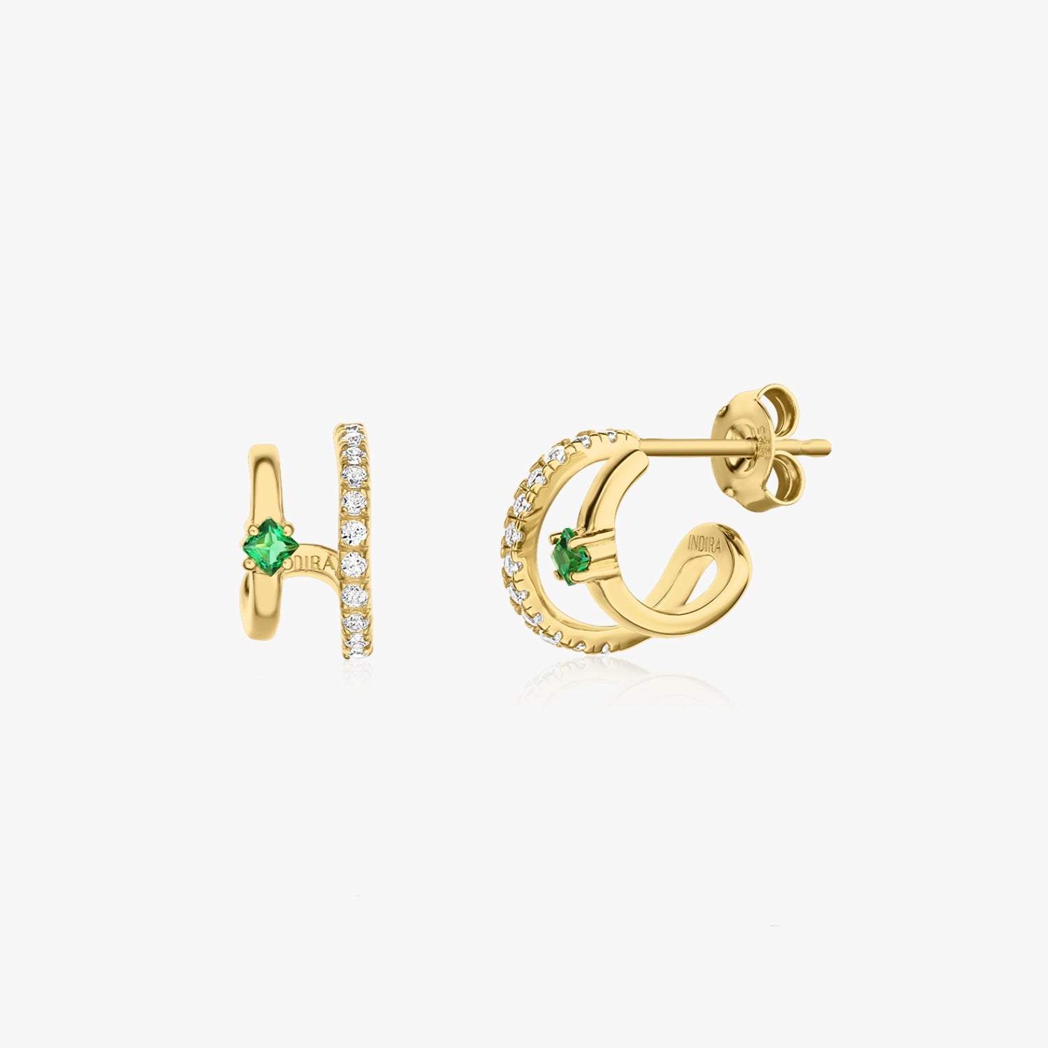 Golden Double Silver Earrings - Zirconia & Green Alpanite