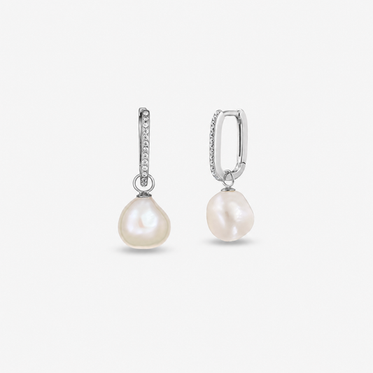 Sterling silver hoop drop earrings with pavé zirconia and natural baroque freshwater pearls on a white background.