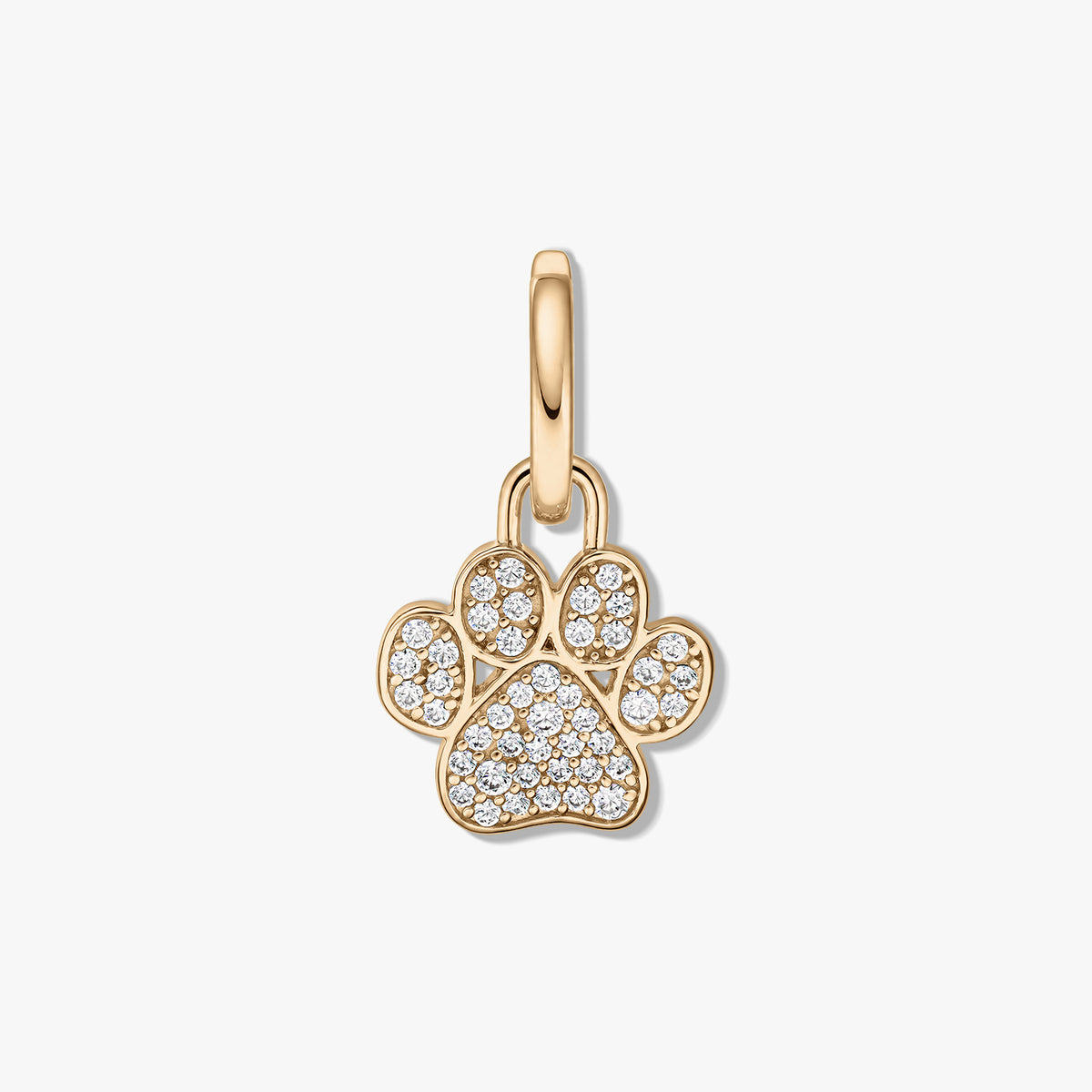 Yellow gold-plated sterling silver paw print pendant with clear zirconia pavé on a white background.