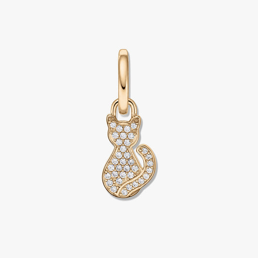 Cat-shaped pendant in 925 sterling silver with a gold-tone finish and pavé white cubic zirconia, displayed centered on a white background.