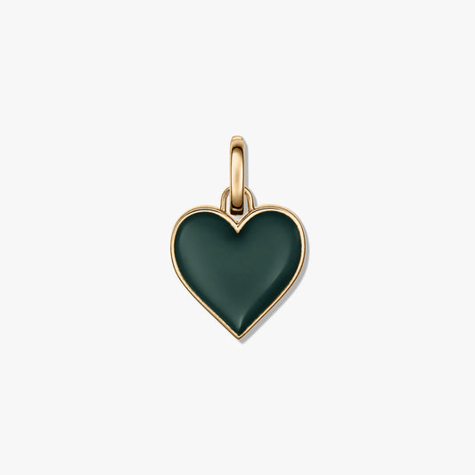 Green heart-shaped pendant charm with a smooth center and polished metal outline, isolated on a white background.