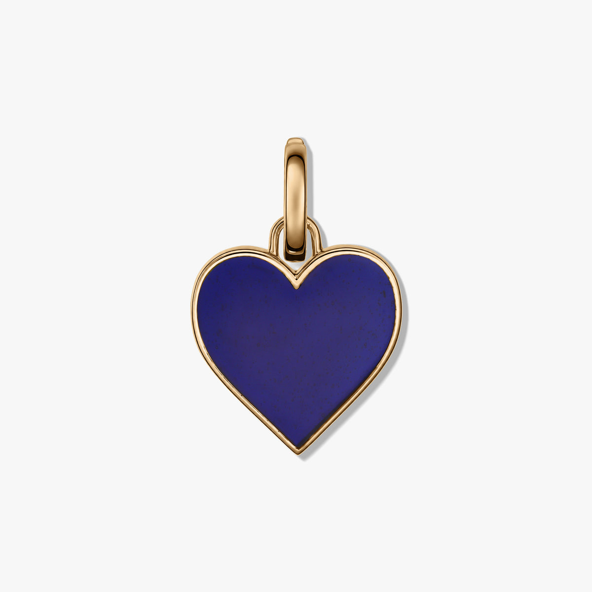 Blue heart-shaped pendant with a gold-tone border and bail on a white background.