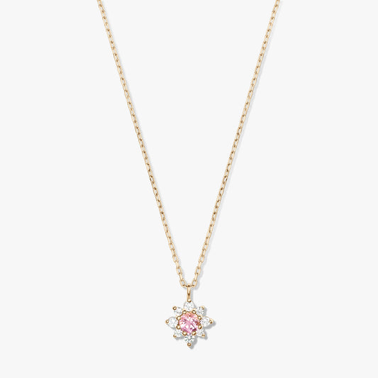 Elegant 14K yellow gold necklace with a delicate chain and a floral pendant featuring a pink morganite center surrounded by white sapphires on a white background.