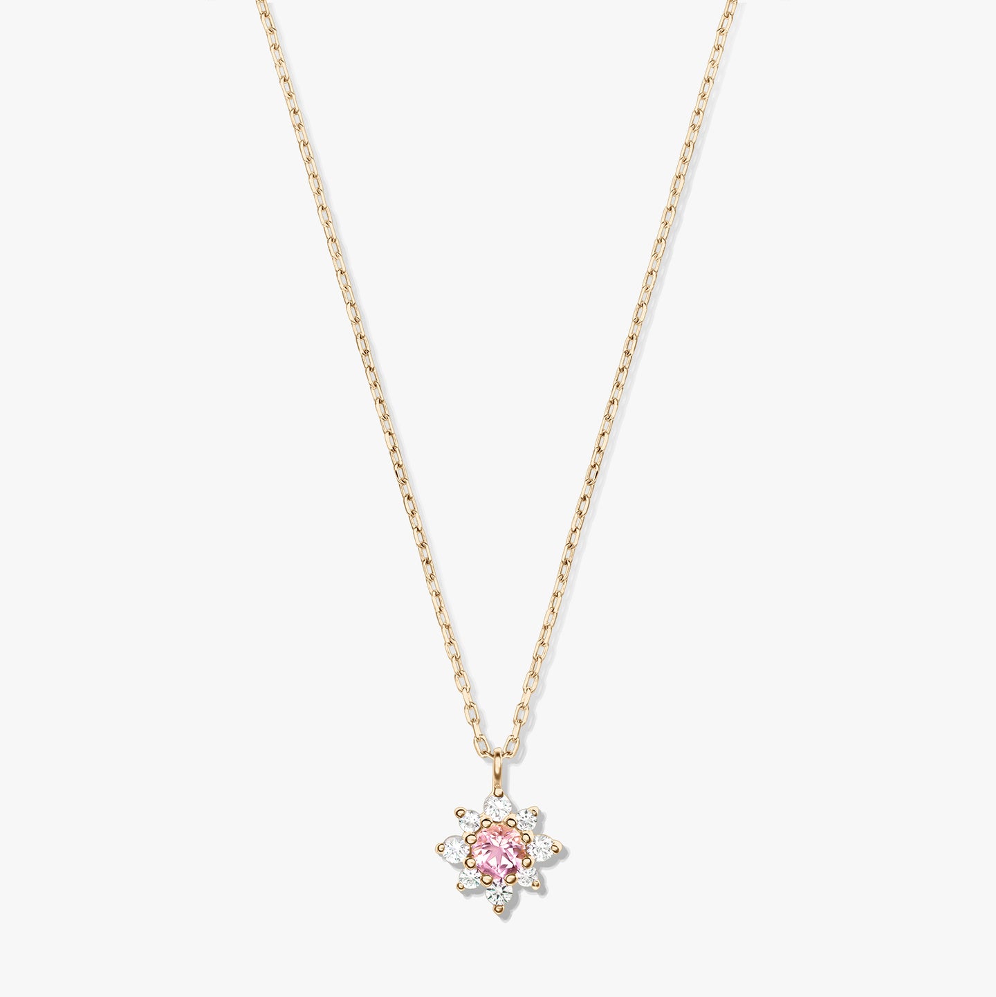 Elegant 14K yellow gold necklace with a delicate chain and a floral pendant featuring a pink morganite center surrounded by white sapphires on a white background.
