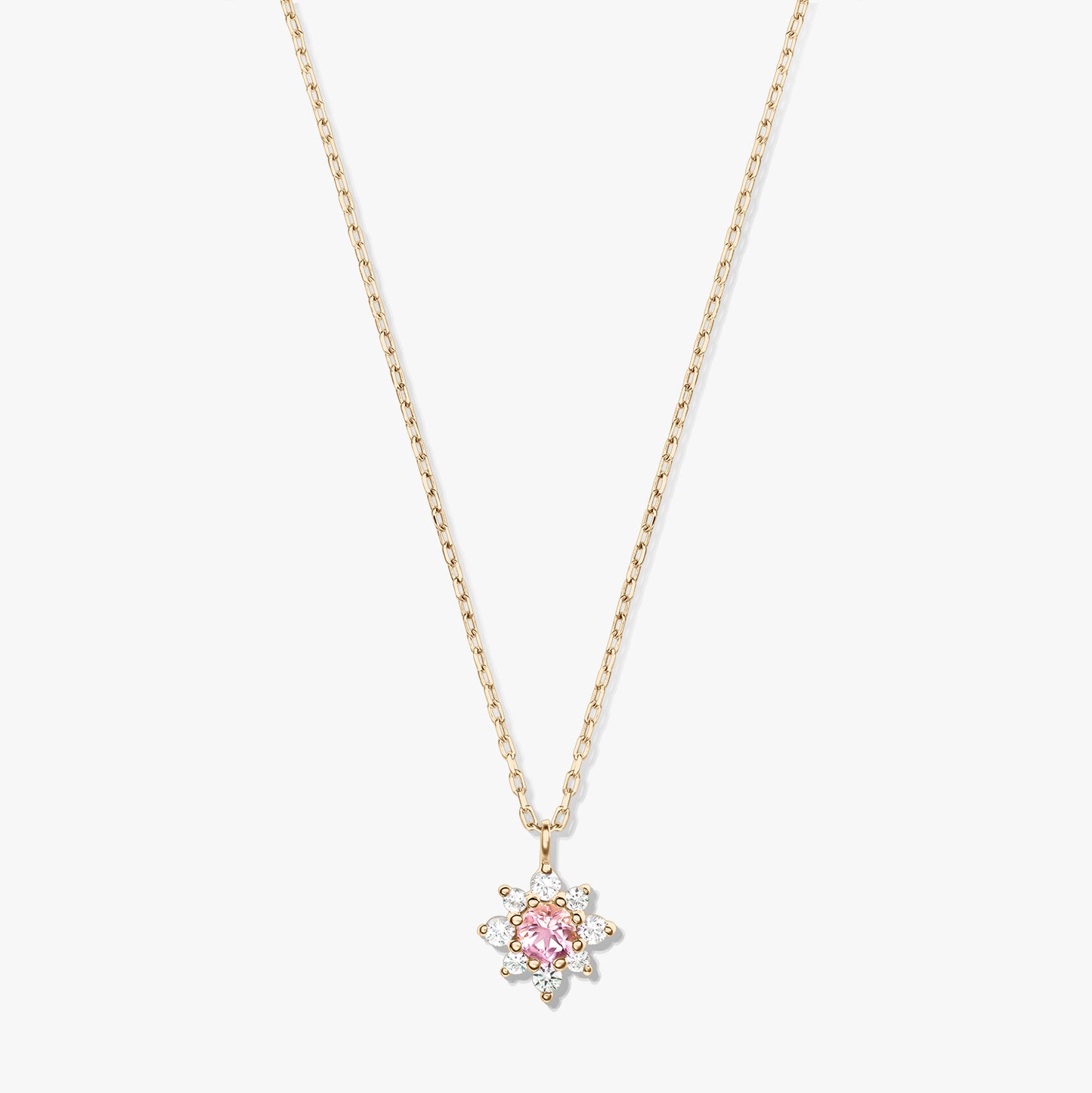Elegant 14K yellow gold necklace with a delicate chain and a floral pendant featuring a pink morganite center surrounded by white sapphires on a white background.